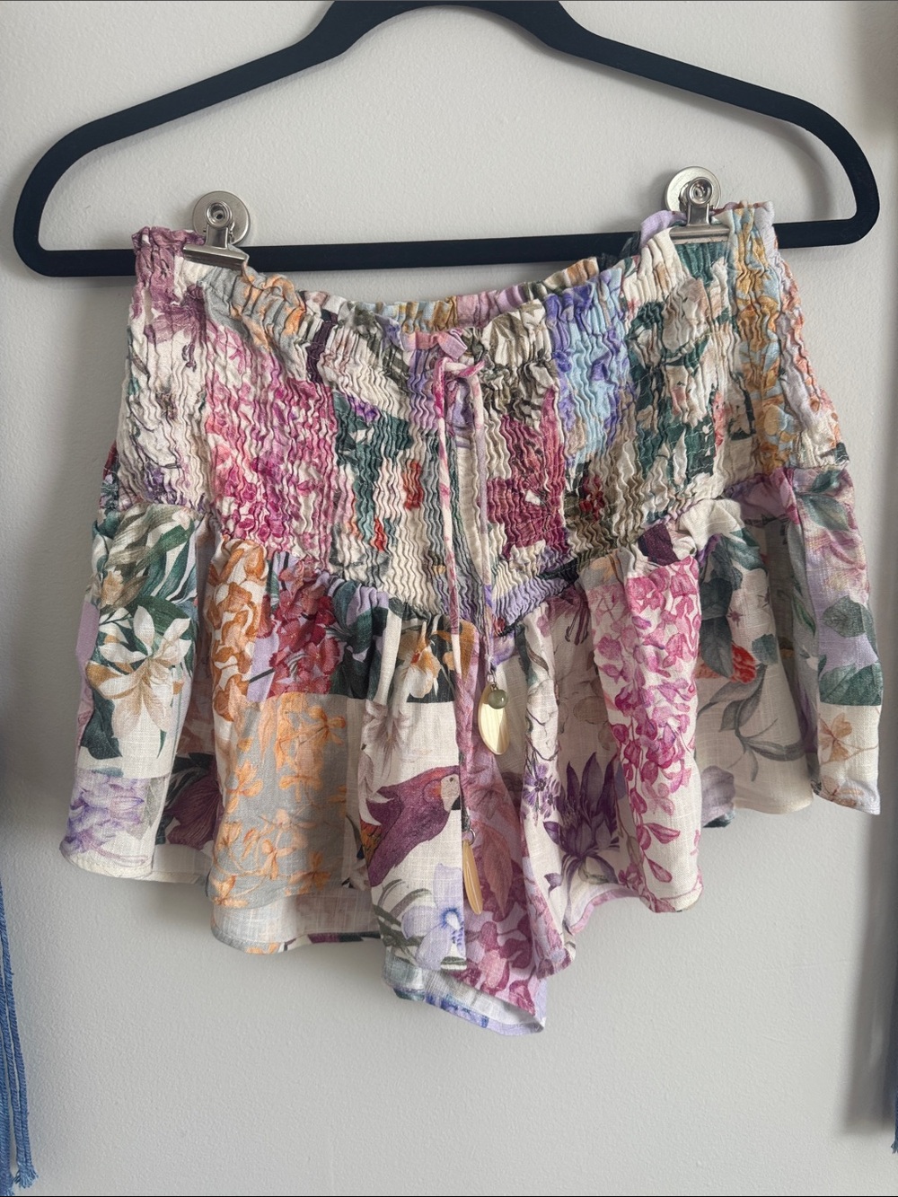 Zara Floral Cream Multicolor Smocked Ruffle Shorts